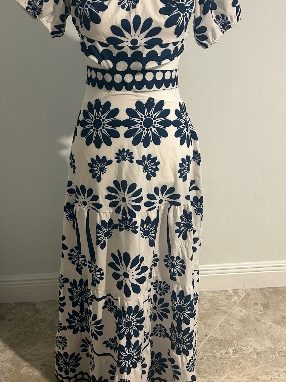 White and Navy Floral Maxi Dress - Women's Summer Dress